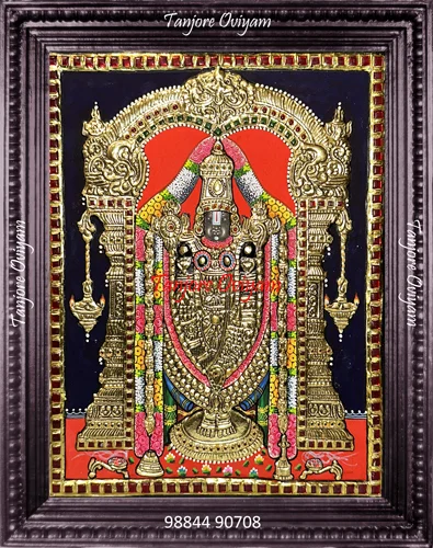 Balaji Venkateswara Tanjore painting standing red halo gold pillars hanging lamps artwork